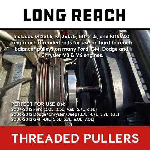 Gearhead Grade Harmonic Balancer Puller And Installer Tool Kit long reach threaded rods in use on engine crankshaft pulley