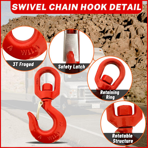 3 Ton Swivel Lifting Hook and D Ring Shackle Set With G80 Chain Hooks and Five Eighths Inch Shackle, detailed swivel hook features