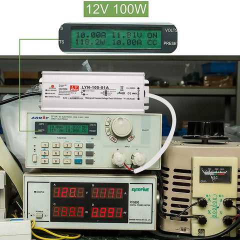 Heavy Duty 100W 12V DC LED Driver Power Supply For Indoor And Outdoor LED Light Bars And String Lights IP67 Waterproof Transformer displayed with testing equipment.