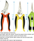 Five Pack Pruning Shears Garden Clippers With Gloves Stainless Steel Handheld Snips with measurements and caution labels.