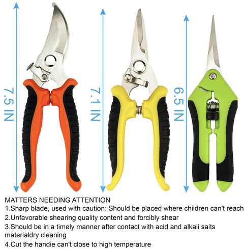 Five Pack Pruning Shears Garden Clippers With Gloves Stainless Steel Handheld Snips with measurements and caution labels.