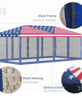 10 By 20 Pop Up Canopy Tent With Netting Heavy Duty Party Shelter For Backyard Patio And Garden Instant Sun Shade With Carry Bag American Flag Design Perfect For Weddings Fairs And Outdoor Events showing steel frame, mesh netting, and oxford cloth