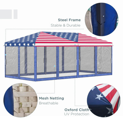 10 By 20 Pop Up Canopy Tent With Netting Heavy Duty Party Shelter For Backyard Patio And Garden Instant Sun Shade With Carry Bag American Flag Design Perfect For Weddings Fairs And Outdoor Events showing steel frame, mesh netting, and oxford cloth