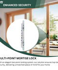 Close-up of Eleven And Three Quarters Inch Multi Point Mortise Lock With Face Plate For Sliding Patio Glass Door Dual Point Lock Set Replacement Anti Slam Button Stainless Steel Handle Not Included next to patio door.