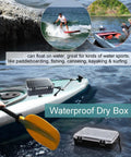 Waterproof Dry Box For Boat And Kayak on kayak with background of water and text about water sports, secure seal visible