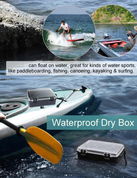 Waterproof Dry Box For Boat And Kayak on kayak with background of water and text about water sports, secure seal visible