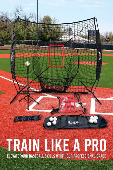 Pro Grade Baseball Practice Net Set for Batting and Pitching on field with accessories, 7x7 inch backstop and 8 balls visible.