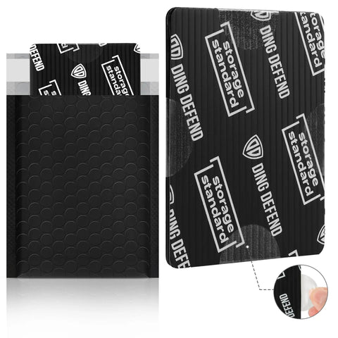 Card Shipping Protector Kit With Bubble Mailers And Tape Seals For Collectible Cards, Includes 110 Card Protectors, 55 Bubble Mailers, 250 Seals, Black. Image of black bubble mailer and card protector with branded tape.