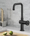 Urbix Industrial Single Handle Bar Kitchen Faucet in Matte Black with Diamond Textured Accents in compact kitchen