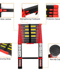Beefy Heavy Duty Aluminum Telescoping Ladder Twelve And A Half Foot Extension Folding Multipurpose Ladder for roofing outdoor home use 330 lb capacity portable space saver red, showing slide latches, footboard, spacers, strap, non-slip cap.