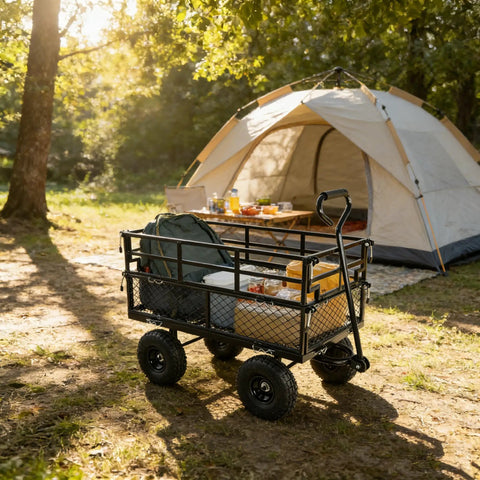 Heavy Duty Steel Dump Cart With 600 Lb Capacity Utility Wagon And Inflatable Ten Inch Tires near camping tent