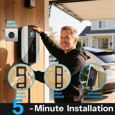 J1772 Level 2 EV Charger 40 Amp 9.6 KW With 25 Ft NEMA 14-50 Cord mounted on wall during installation in garage.