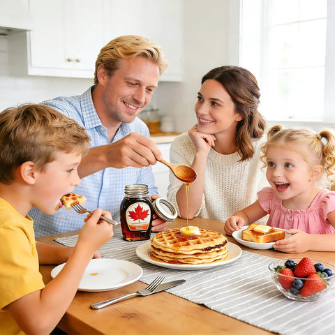 Family enjoying breakfast with pancakes, fresh fruit, and maple syrup served from a jar, in a bright kitchen setting.