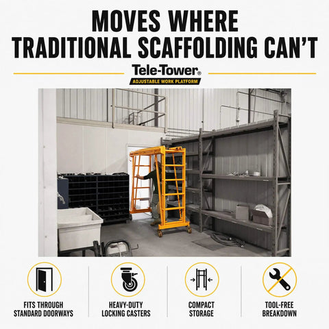 Heavy Duty Adjustable Work Platform Featuring Locked Safety Rails Acts As A Slick Scaffolding Alternative That Rolls Straight Through Standard Doorways For Tight Indoor Or Outdoor Projects Up To Eleven Feet High