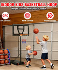 Kids playing with Kids Adjustable Basketball Hoop System Portable 3 To 7 Ft For Backyard Driveway Or Indoor Play With Shatterproof Backboard