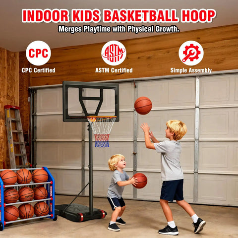 Kids playing with Kids Adjustable Basketball Hoop System Portable 3 To 7 Ft For Backyard Driveway Or Indoor Play With Shatterproof Backboard
