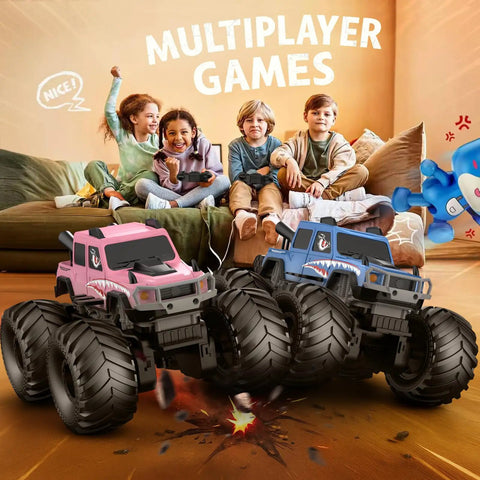 Children playing with Waterproof 360 Degree Rotating 4X4 RC Monster Truck For Land And Water Play Amphibious Remote Control Off Road Pickup Toy Car 2.4 GHz All Terrain Vehicle For Boys Ages 6 To 12 Blue indoors.