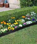 4.5 Inch Galvanized Steel Landscape Edging Kit, 10 Pack hammer in metal lawn border in garden with colorful flowers