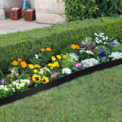 4.5 Inch Galvanized Steel Landscape Edging Kit, 10 Pack hammer in metal lawn border in garden with colorful flowers