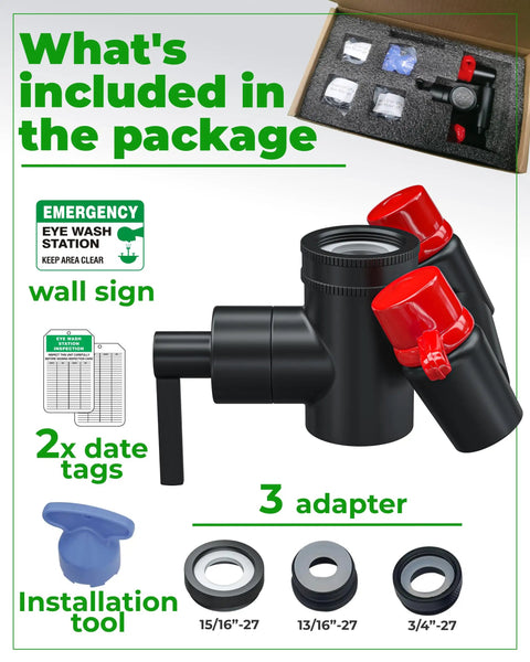 Eye Wash Kit For Faucets, Emergency Faucet Mounted Eyewash Station With Sink Attachment, includes adapters, tags, wall sign.