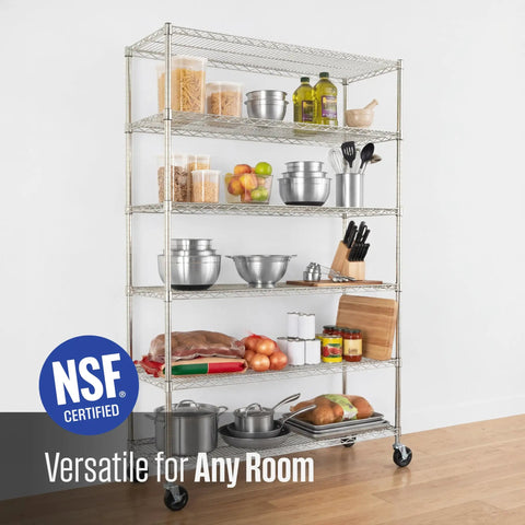 Shop Ready NSF Certified Six Tier Steel Wire Shelving Rack With Solid Locking Casters, Perfect For Garage Refresh And Heavy Duty Commercial Storage, Stands Over Six Feet Tall