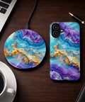 Blue Agate Marble Wireless Charger 15W Fast Wireless Charging For iPhone And Android Premium Office Desk Accessory displayed on a desk