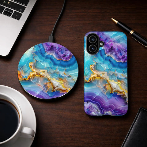 Blue Agate Marble Wireless Charger 15W Fast Wireless Charging For iPhone And Android Premium Office Desk Accessory displayed on a desk