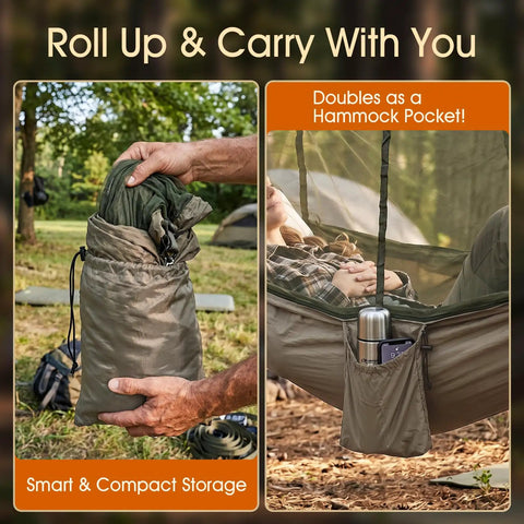 Heavy Duty Camping Hammock With Built-In Mosquito Net, 500 Lb Capacity, compact storage and hammock pocket shown