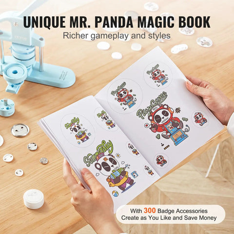 Three In One Button Maker Kit With 25mm 32mm And 58mm Sizes, ergonomic arc handle punch press, unique Mr. Panda book open