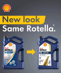 Shell Rotella T6 5W-40 full synthetic diesel engine oil container redesign with "New look, Same Rotella." text
