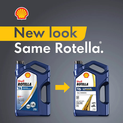 Shell Rotella T6 engine oil packaging before and after redesign with blue 1-gallon jug, full synthetic diesel oil focus.