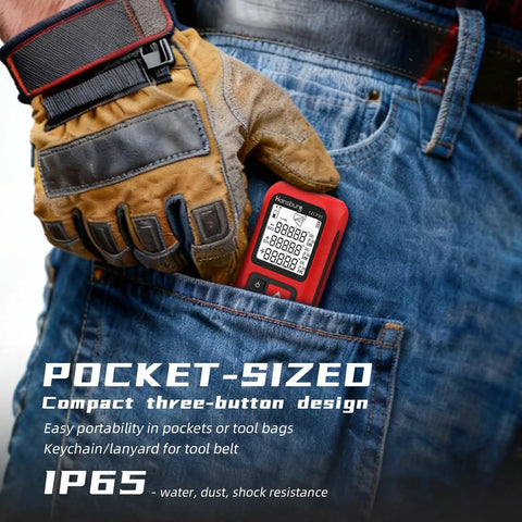 Portable Laser Tape Measure With 98 Ft Range And 8 In 1 Modes For Length Area Volume And Pythagorean Calculations IP65 Waterproof Rechargeable Real Time Laser Measurement Tool in jeans pocket