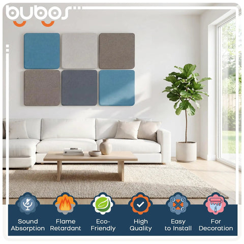 Rock Solid Four Pack Fabric Acoustic Wall Panels Engineered To Ditch Bad Echoes And Level Up Your Home Studio Or Game Room With High Density Foam Cores on a living room wall.