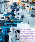 Factory production line showcasing machinery and workers, highlighting durable gear motor application in robotic automation