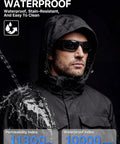 Man wearing Warm Mens Waterproof Ski Jacket With Plush Insulation and Cozy Lining, water pouring off Teflon outer shell