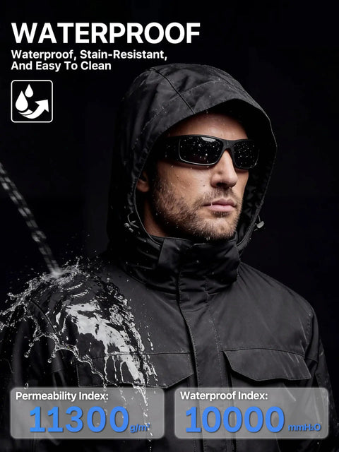 Man wearing Warm Mens Waterproof Ski Jacket With Plush Insulation and Cozy Lining, water pouring off Teflon outer shell