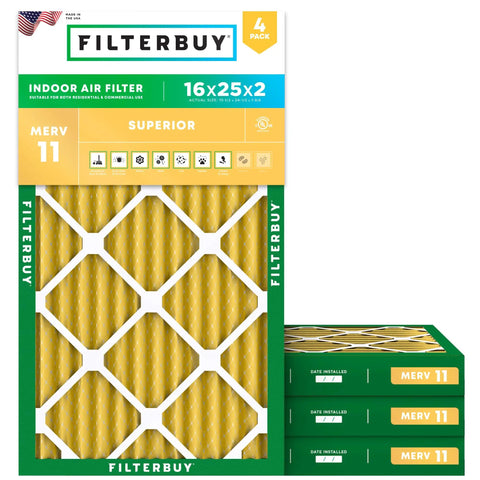 16x25x2 MERV 11 Pleated Air Filter For Allergies And Pets Great For Home Use Electrostatic Replacement For HVAC Furnace Or AC 4 Pack
