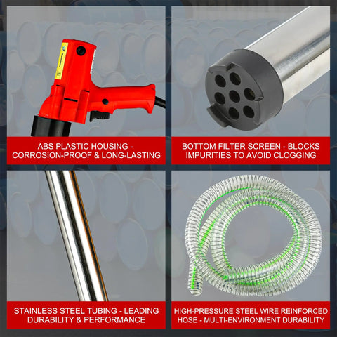 Heavy Duty 2480W Electric Drum Pump Cranks Out Rapid Fluid Moves With 36 Inch Stainless Steel Tube And 7 Foot Reinforced Hose showing plastic housing, steel tube, and reinforced hose.