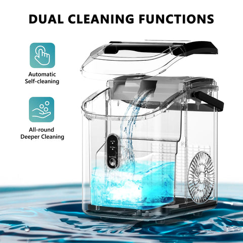 EUHOMY nugget ice maker countertop with handle, black exterior and transparent lid, front view with visible water reservoir.