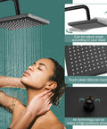Matte Black Rain Shower System Set With Exposed Fixtures, 8 Inch Rainfall Head, showing adjustable angle and touch-clean nozzles