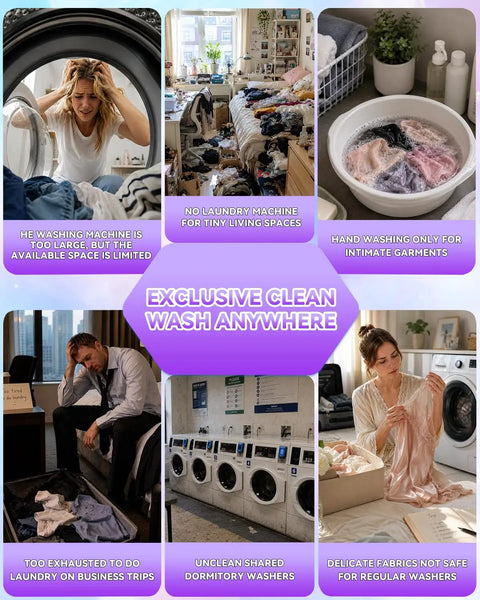 Image showing laundry challenges with busy life scenarios and the need for Grab and Go portable ultrasonic turbo washer mini washing system upgrade.