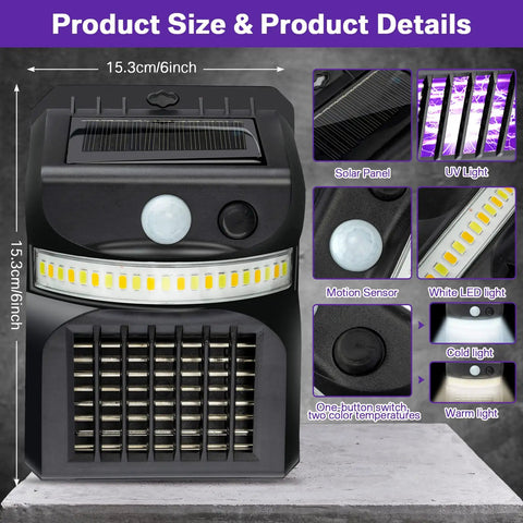 4 Pack Outdoor Bug Zapper 3 In 1 Mosquito Killer Lamp Solar Powered Black LED Light With Motion Sensor For Backyard Patio Camping Electric Mosquito Zapper Insect Killer For Outdoor Use, showing dimensions and features