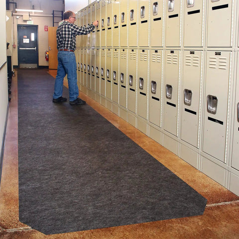 Badass Heavy Duty Commercial Floor Mat Runner With Strong Pressure Sensitive Adhesive Backing For High Traffic Wet Entrances And Ultra Reliable Slip Control Black in locker area.