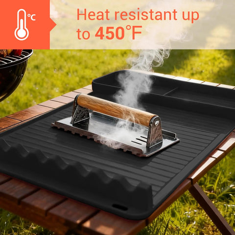 Silicone Grill Mat Two Pack for Blackstone 16x11.5 Inch Non Slip Tool Mats on wooden table with steaming BBQ press