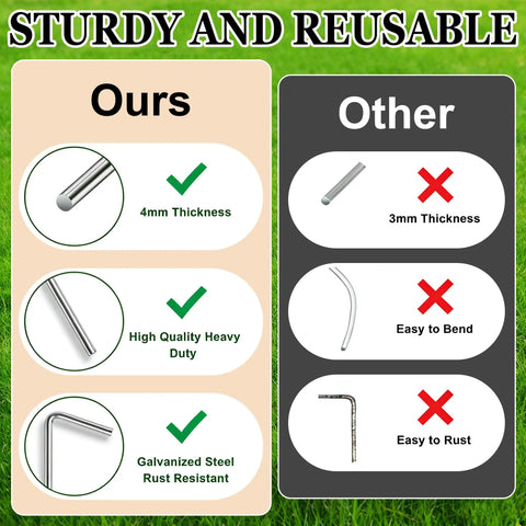 Comparison chart showing Heavy Duty Tent Stakes 20 Pack 7.1 Inch Ground Stakes Galvanized Steel advantages over competitors.