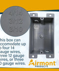 Premium Gray Single Gang Remodel Electrical Box, 8 Cubic Inch Shallow Old Work Junction Enclosure showing compatibility details for wire gauge.
