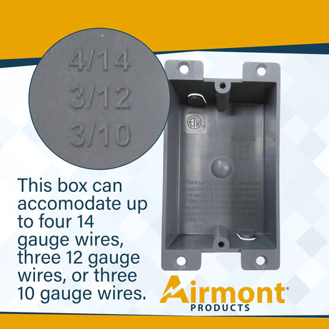 Premium Gray Single Gang Remodel Electrical Box, 8 Cubic Inch Shallow Old Work Junction Enclosure showing compatibility details for wire gauge.