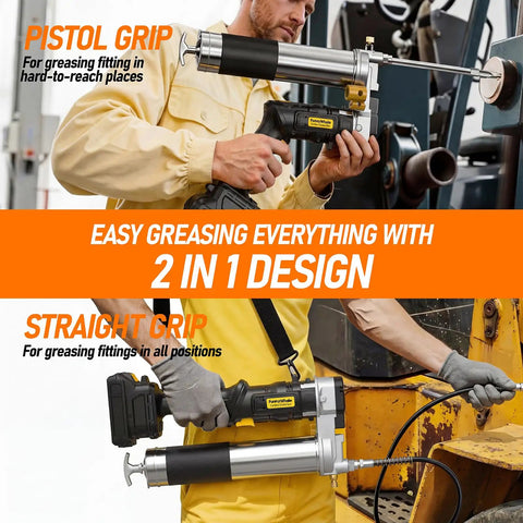 Person using Cordless Grease Gun 12000 PSI With 2 In 1 Rotating Handle And 16.4 Inch Hose, DeWalt 20V MAX Battery Compatible, 4 Couplers