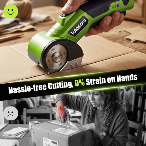 Heavy Duty Cordless Electric Box Cutter With Powerful 320Rpm Motor And Auto-Feed Scissors Design For Effortless Cardboard Cutting in use on cardboard.