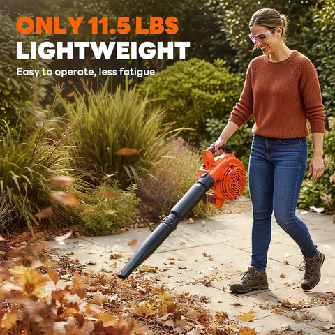 Person using Beast 3-In-1 Gas Leaf Blower Mulcher And Vacuum with 450 CFM Air Flow for leaf cleanup, lightweight 11.5 lbs